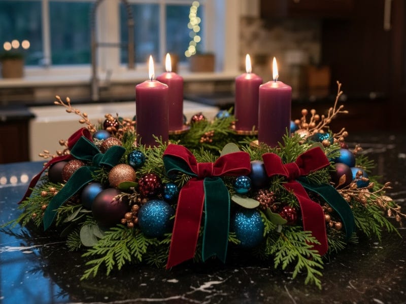 Adventes vainags ar četrām degošām violetām svecēm, eglīšu zariem, lentēm un krāsainām bumbiņām uz tumša galda.