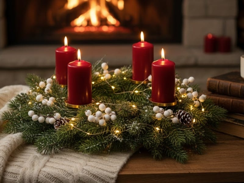 Adventes vainags ar četrām degošām sarkanām svecēm, gaismiņu virteni un baltām ogām uz galda pie kamīna.
