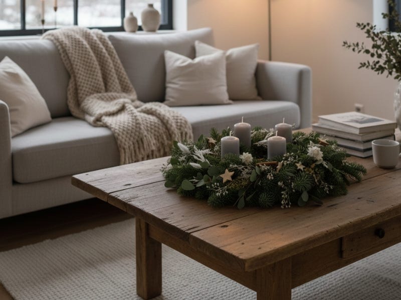 ChatGPT said:  Adventes vainags ar četrām svecēm uz koka galda mājīgā viesistabā ar gaišu dīvānu un segu.