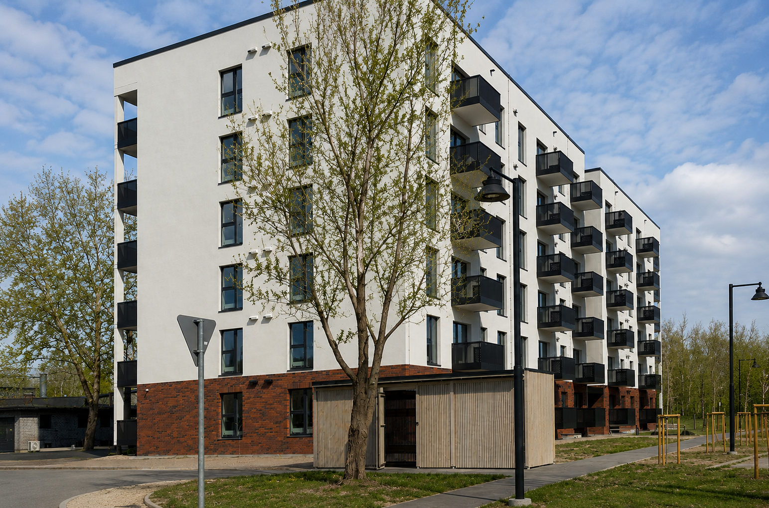 Moderns daudzdzīvokļu nams ar balkoniem un ķieģeļu fasādi - Hartmaņa kvartāls, Bonava jaunais projekts Torņakalnā.