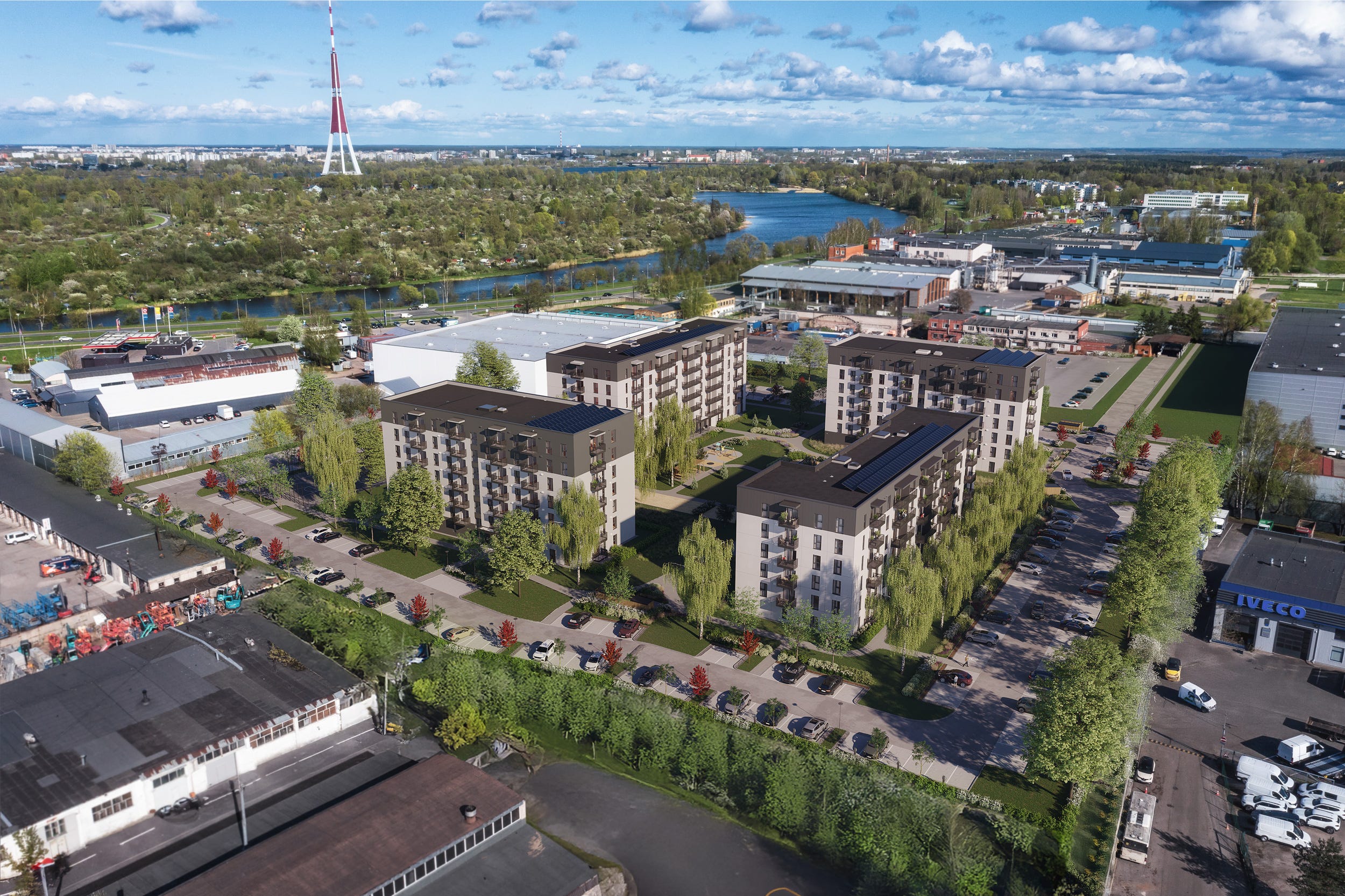 Mūsdienīgs dzīvojamais projekts ar zaļu pagalmu Ziepniekkalnā pie Mūkusalas apļa, Rīgā