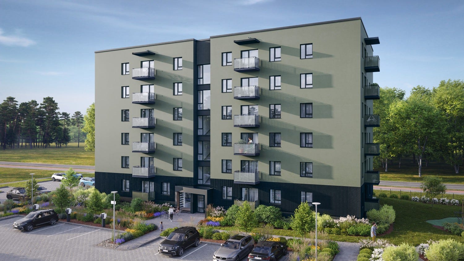 Jauns Bonava daudzdzīvokļu dzīvojamais nams Valterciemā ar balkoniem, autostāvvietām un labiekārtotu zaļo teritoriju.